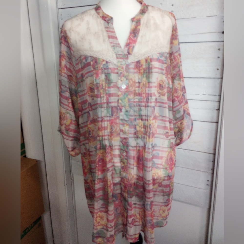 American Rag Women’s Top 2X Semi Sheer Floral Rose Peasant Blouse Boho Tunic